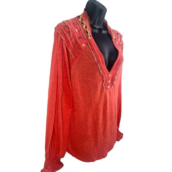 FREE‎ PEOPLE Siesta Fiesta Embroidered Boho Top oversized S/P coral red - Picture 4 of 6